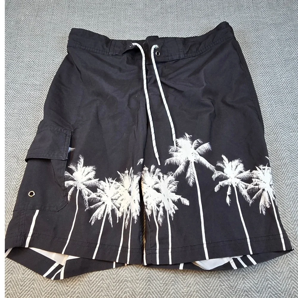 Arizona Jean Co Mens Black White Palm Tree Board Shorts Medium Swim Trunks